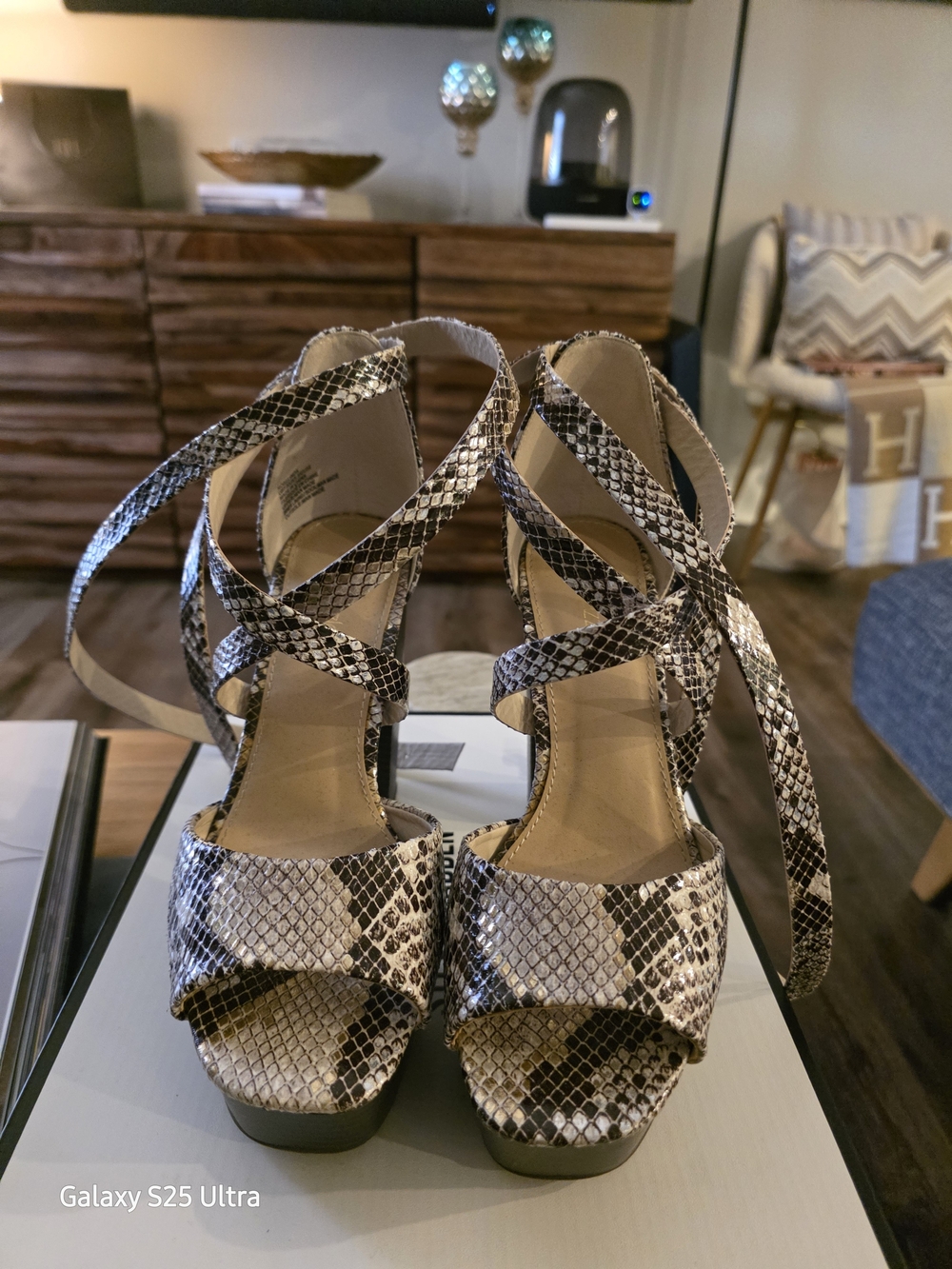 Snake-Effect Strappy Platform Heels in Brown and Cream